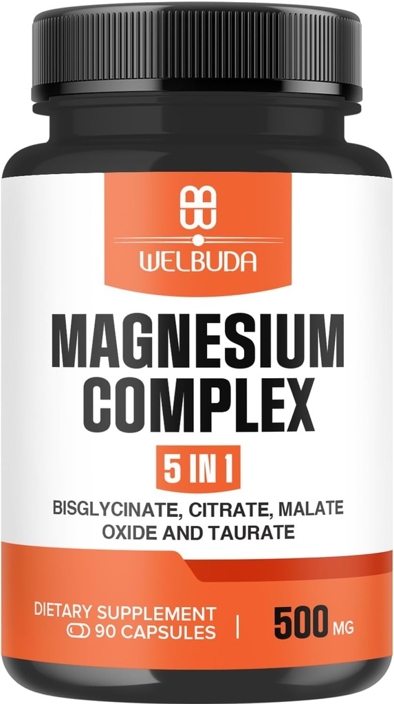 5in1 Magnesium Complex Supplement with 20% Purified - 500mg of Magnesium Bisglycinate, Citrate & More for Muscle, Relaxation Mood, Bone Health & More - 90 Capsules