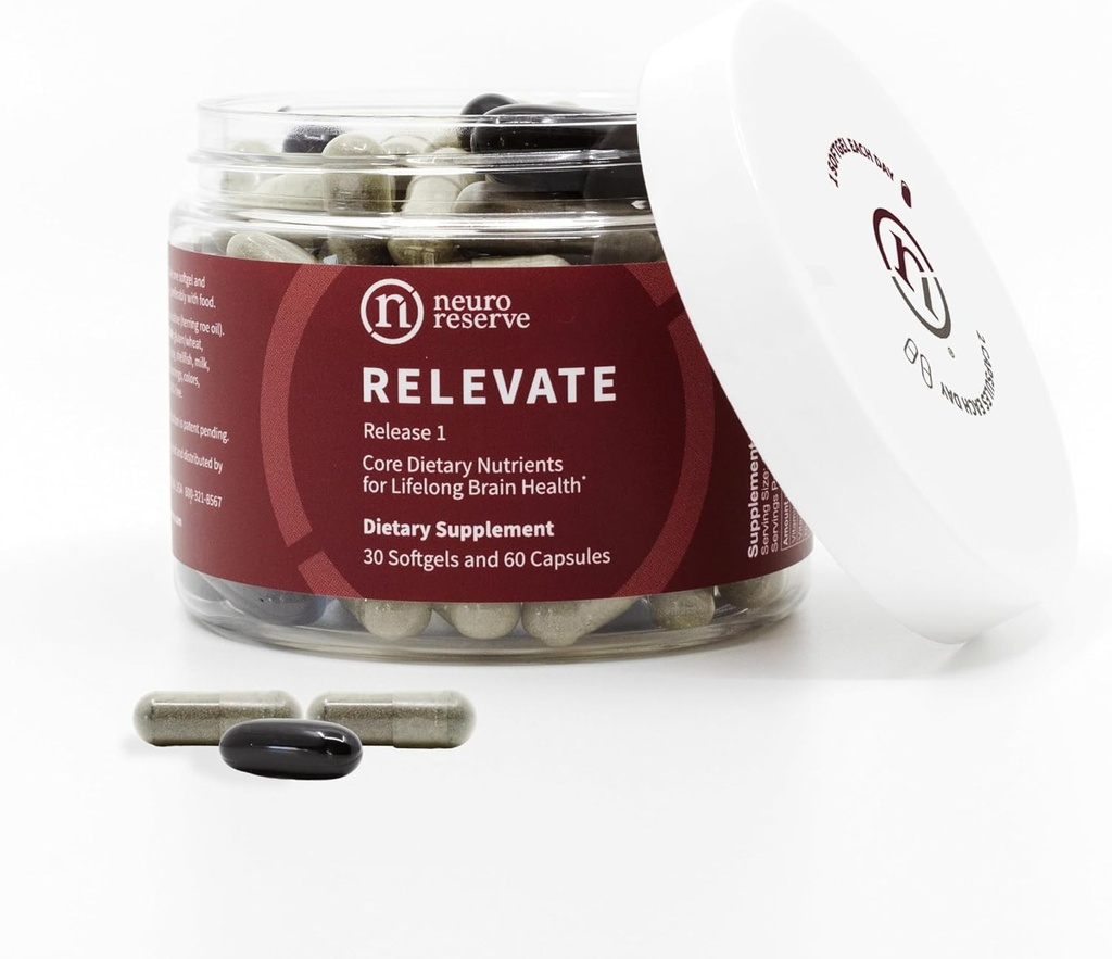 RELEVATE Brain Health Supplement; Geheugen, Focus, Energie, Slaap, Ogen & Gezond Veroudering; Doctor Geformuleerd; Quercetin, Luteïne, Magnesium Glycinate, Omega 3 DHA EPA, Vitamine B12, B3, D3