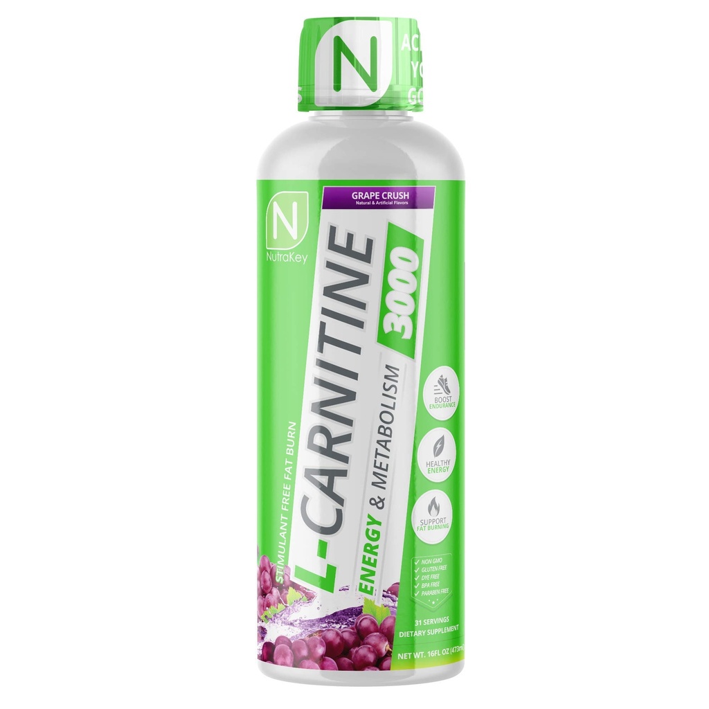 NutraKey L-Carnitine 3000mg, Geen suiker, Glutenvrij, Draai in brandstof, (Grape Crush) 31 Servers