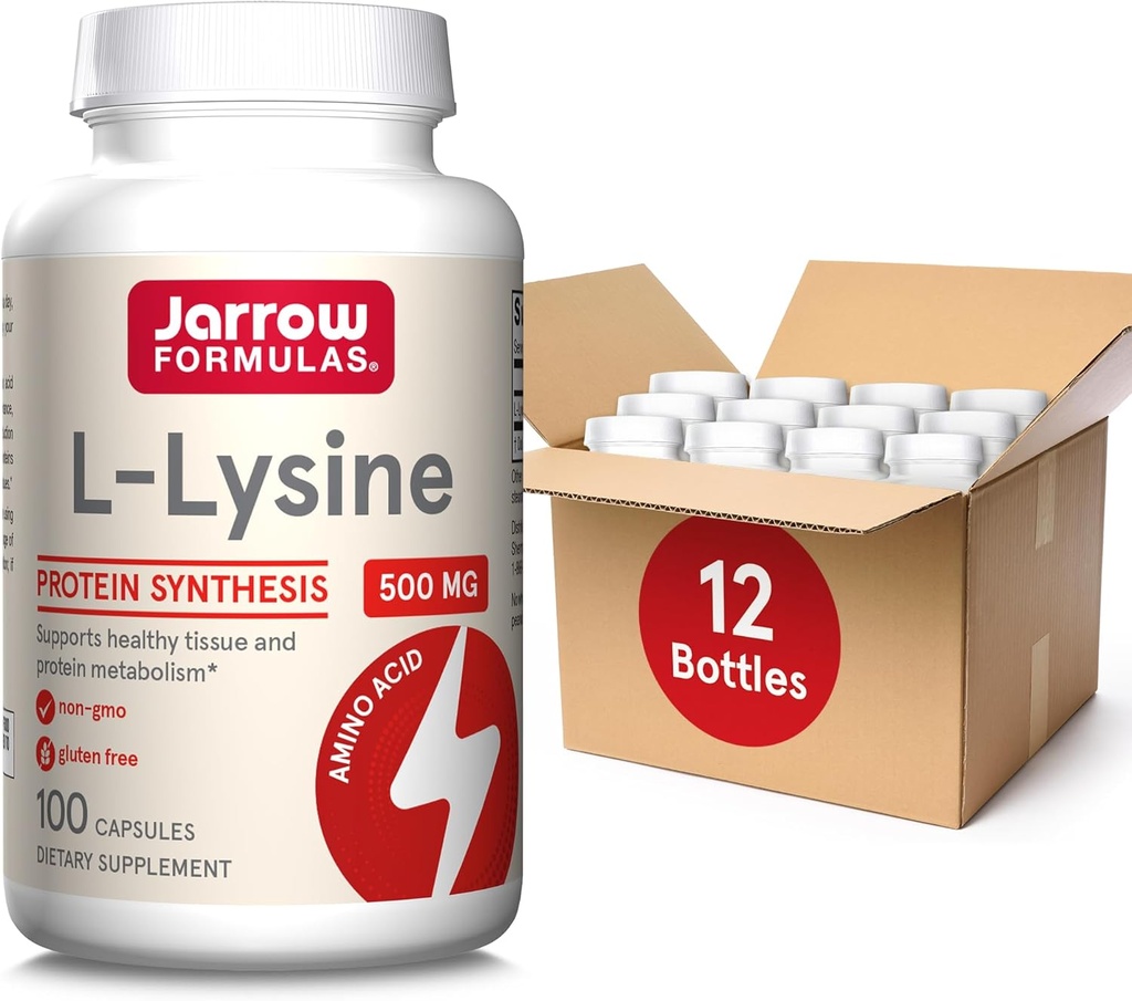 Jarrow Formules L-Lysine 500 mg - 100 capsules - Essentiële Aminozuur voor eiwit Metabolisme - Dieetsupplement - Tot 100 porties (verpakking van 12)