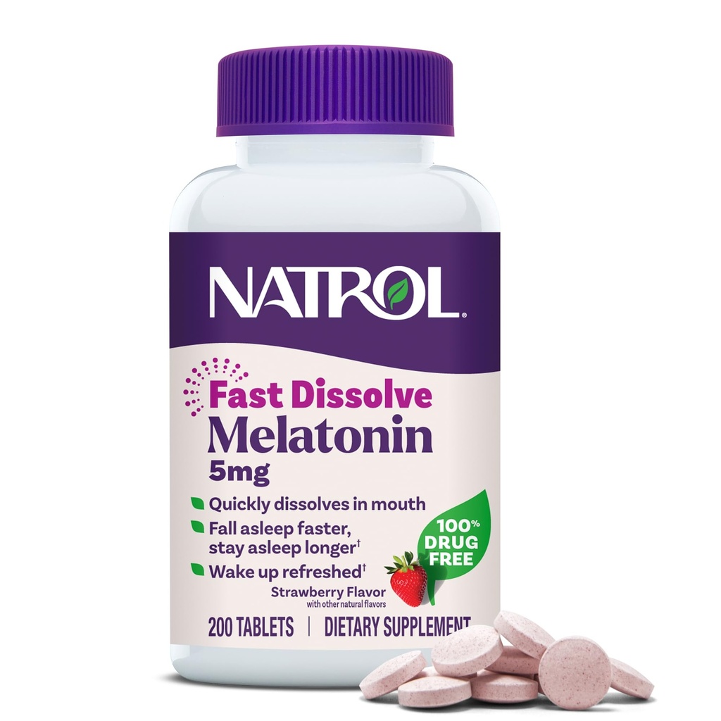 Natrol Melatonine 5mg snel oplossen tabletten, slaapondersteuning supplementen voor volwassenen, aardbeien smaak, 200 tabletten, tot 200 dagen aanbod