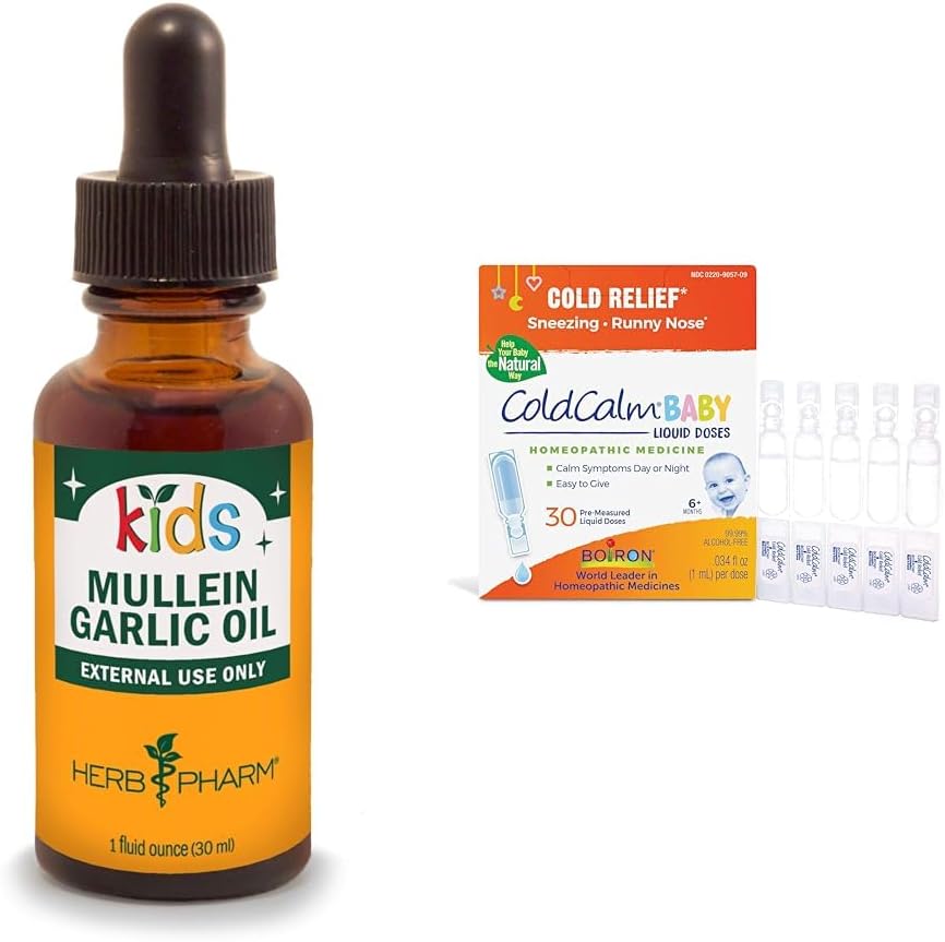 Herb Pharm Kids Mullein Knoflook olie en Boiron ColdCalm Baby druppels voor koude symptomen verlichting, 1 Fl Oz en 30 Tellen