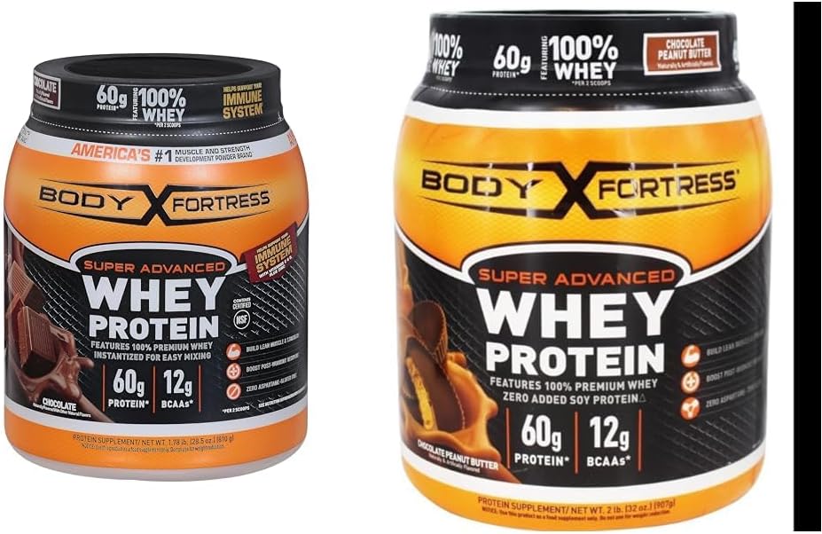 Body Fortress 100% Wei, Premium Proteïne Poeder, Chocolade, 1.78lbs (Verpakking mei Vary) & 100% Wei, Premium Proteïne Poeder, Chocolade Peanut Butter, 1.78lbs (Verpakking mei Vary)