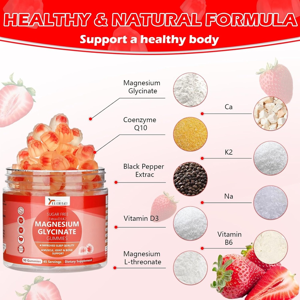 Magnesium Glycinate Gummies 600mg voor volwassenen, suikervrij Magnesium Kaliumsupplement met Magnesium Malaat, Vitamine D3, K2, B6, en CoQ10 voor Kalmte, Slaap, Spierondersteuning - Aardbei, 90 Tellen
