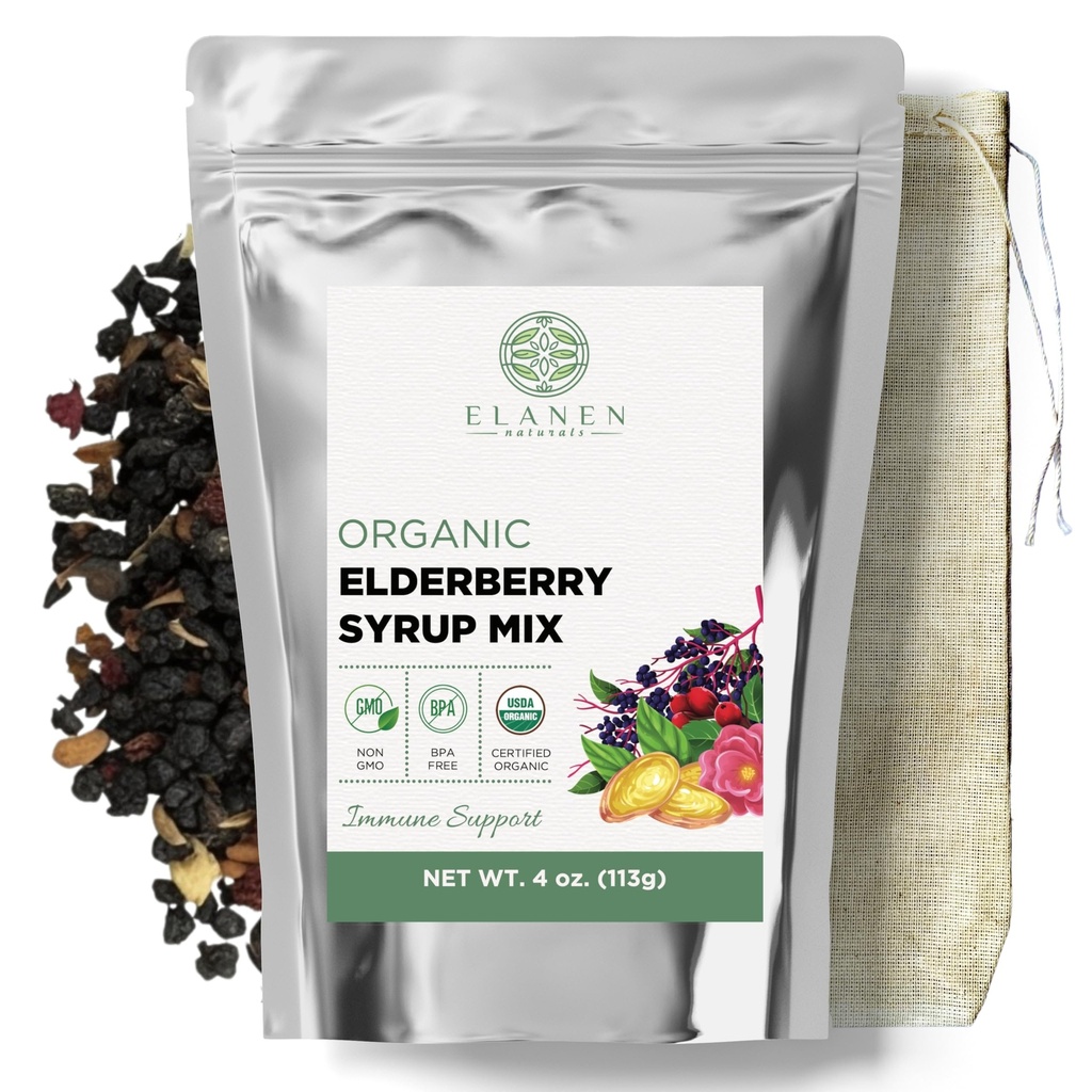 Elanen Naturals Organic Elderberry Syrup Kit, Makes up to 24 oz, Includes Natural Cotton Brew Bag, USDA Certified Organic Dried Elderberries and Immune Support Herbs, Bulk Kit, 4 oz. (113g)