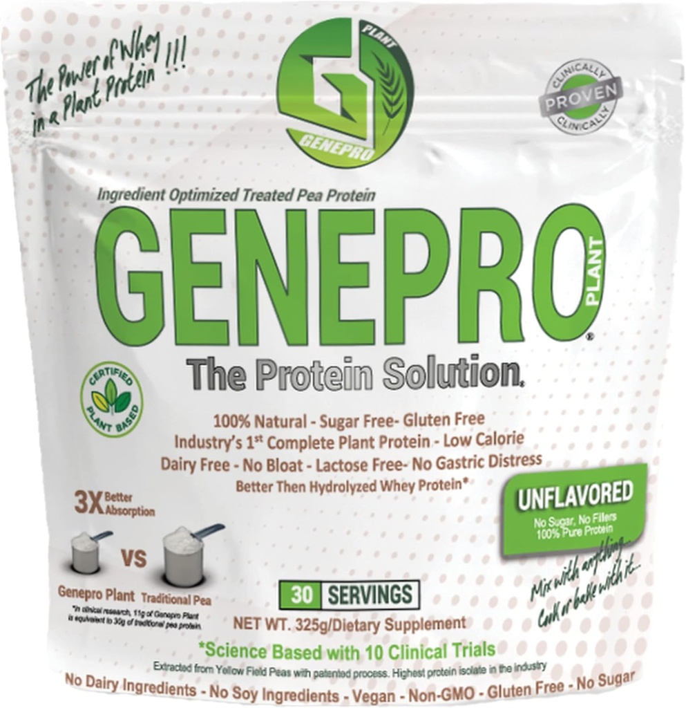 Genepro Unflavored Plant Based Protein Powder - Lactose-Free, Gluten-Free, & Non-GMO Pea Protein Supplement Shake (30 Servings)