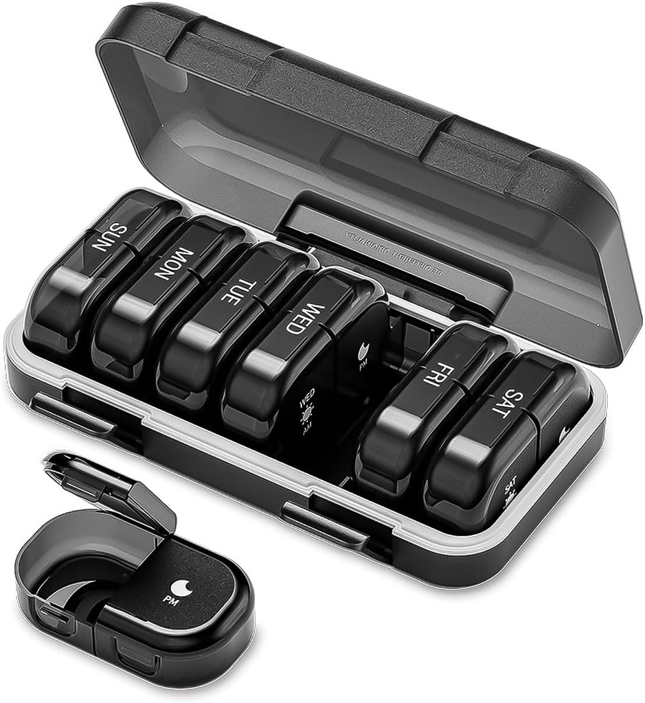 Weekly Pillen Organisator 2 keer per dag, AM PM Pillen Organizer 7 dagen, Portable Pillen Case 14 dagen, Vocht Proof Large Pillen Dispenser, Large Travel Pillen Box voor Vitaminen Supplementen (zwart)