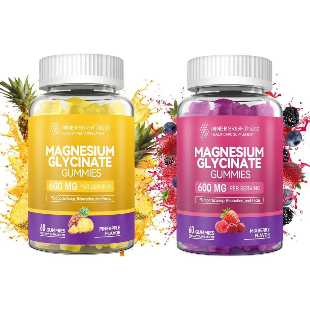Magnesium Glycinate Gummies - Magnesium Gummies voor volwassenen, voor slaap, ontspanning en concentratie, niet-GMO, Gluten - Gratis, gemengde Bessen en Ananas Smaken, 120 Tel (60 van elke)