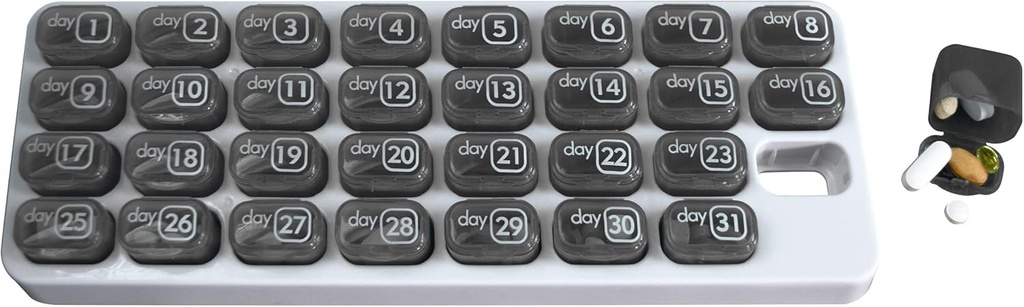 Maandelijkse Med Organisator met 31 Dagelijkse Verwijderbare Pill Pods voor thuis, werk, reizen, genummerde Pillboxen voor Supplementen en Vitaminen (Grijs)