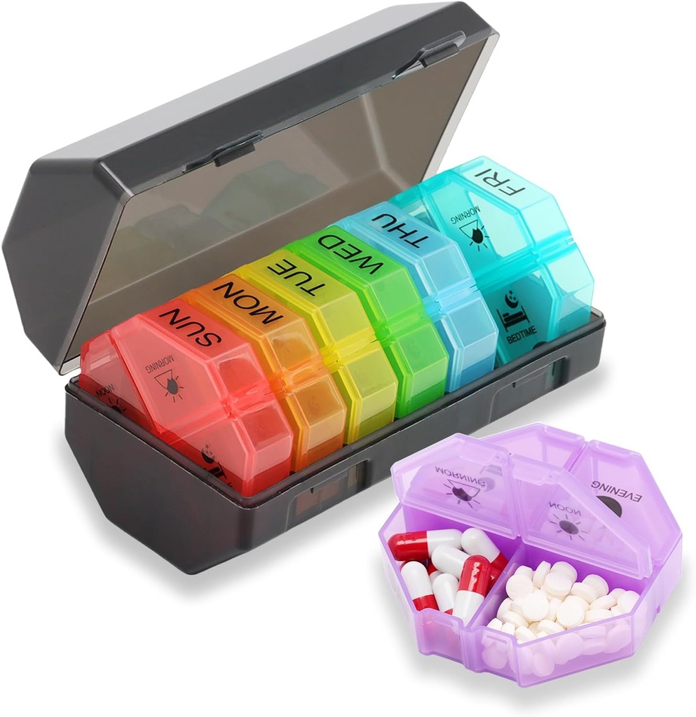 Wekelijkse pil Organisator en Planner,Pill Case Box Ontwerp en Groot Compartiment, Vitaminen, Kool Lever Olie, Complementen en Medicatie (Gray Rainbow)