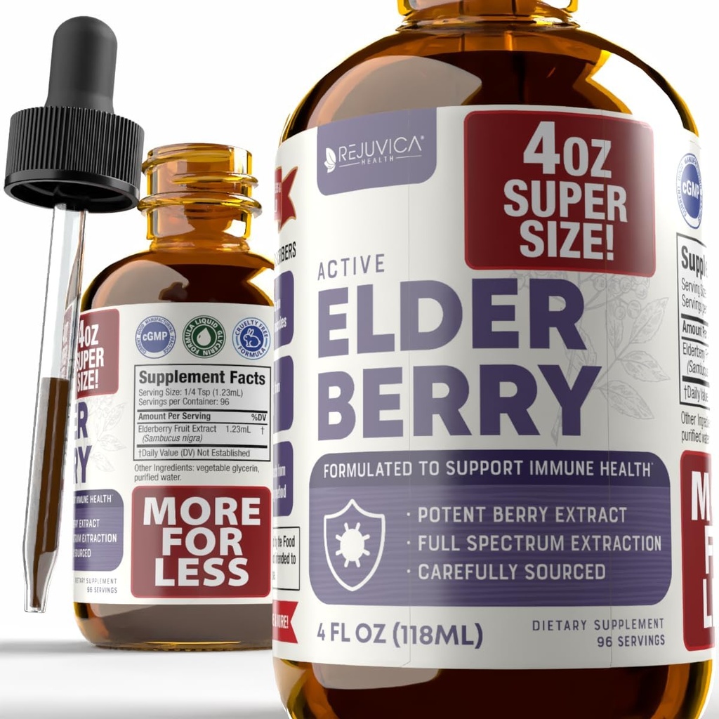 Rejuvica Health Active Elderberry 4oz XL Super Size - Advanced Vlierbes Liquid Extract - Immune Support Drops - Vegan Sugar Free Non GMO Tinctuur