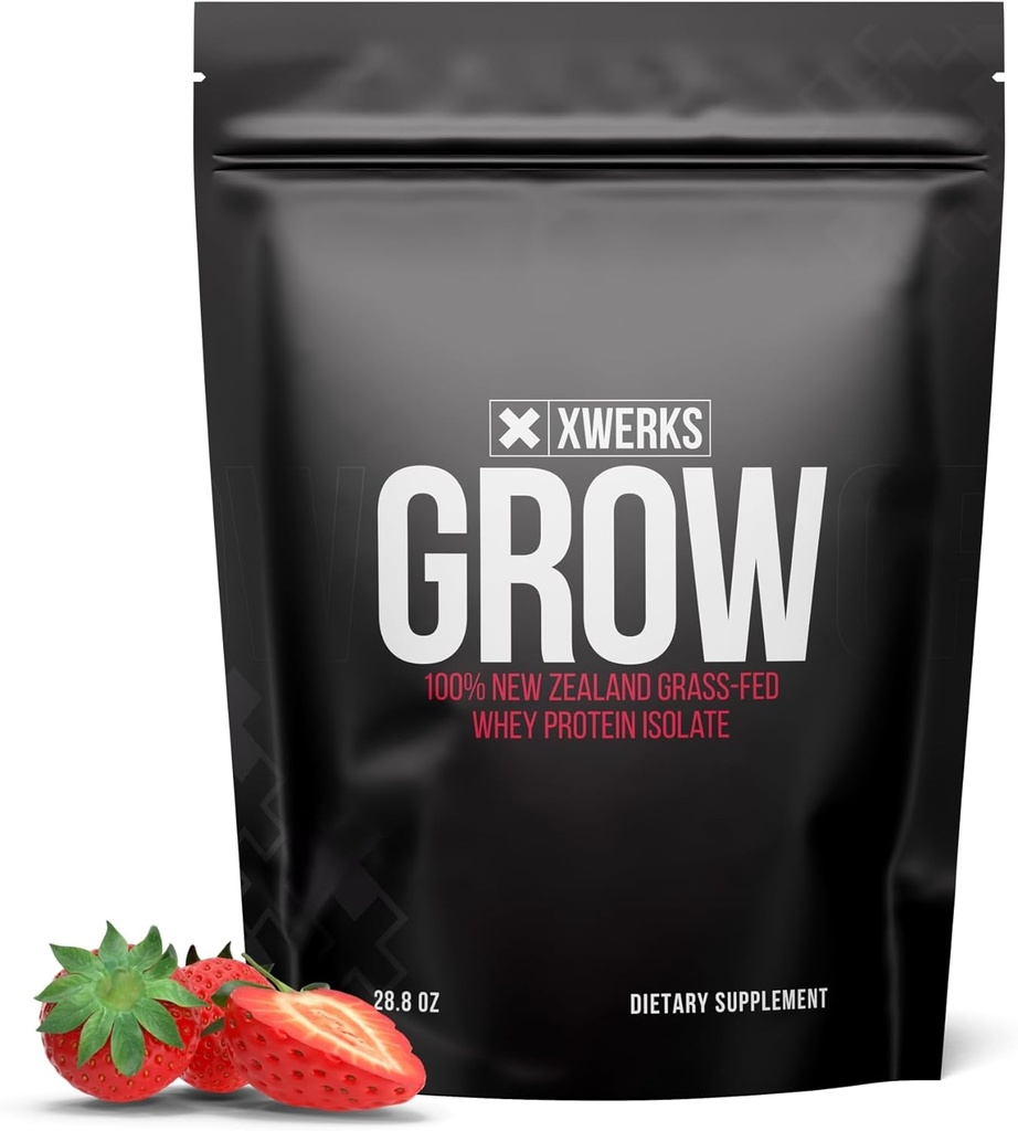 Xwerks Groei 100% Nieuw-Zeeland Gras Fed Wei Proteïne, 25g Pure Isolaat Proteïne Poeder Per Serving, Alle natuurlijke Paleo en Keto vriendelijk, Soy Gratis Gluten Gratis Gemakkelijk te graven, Aardbei, 30 porties