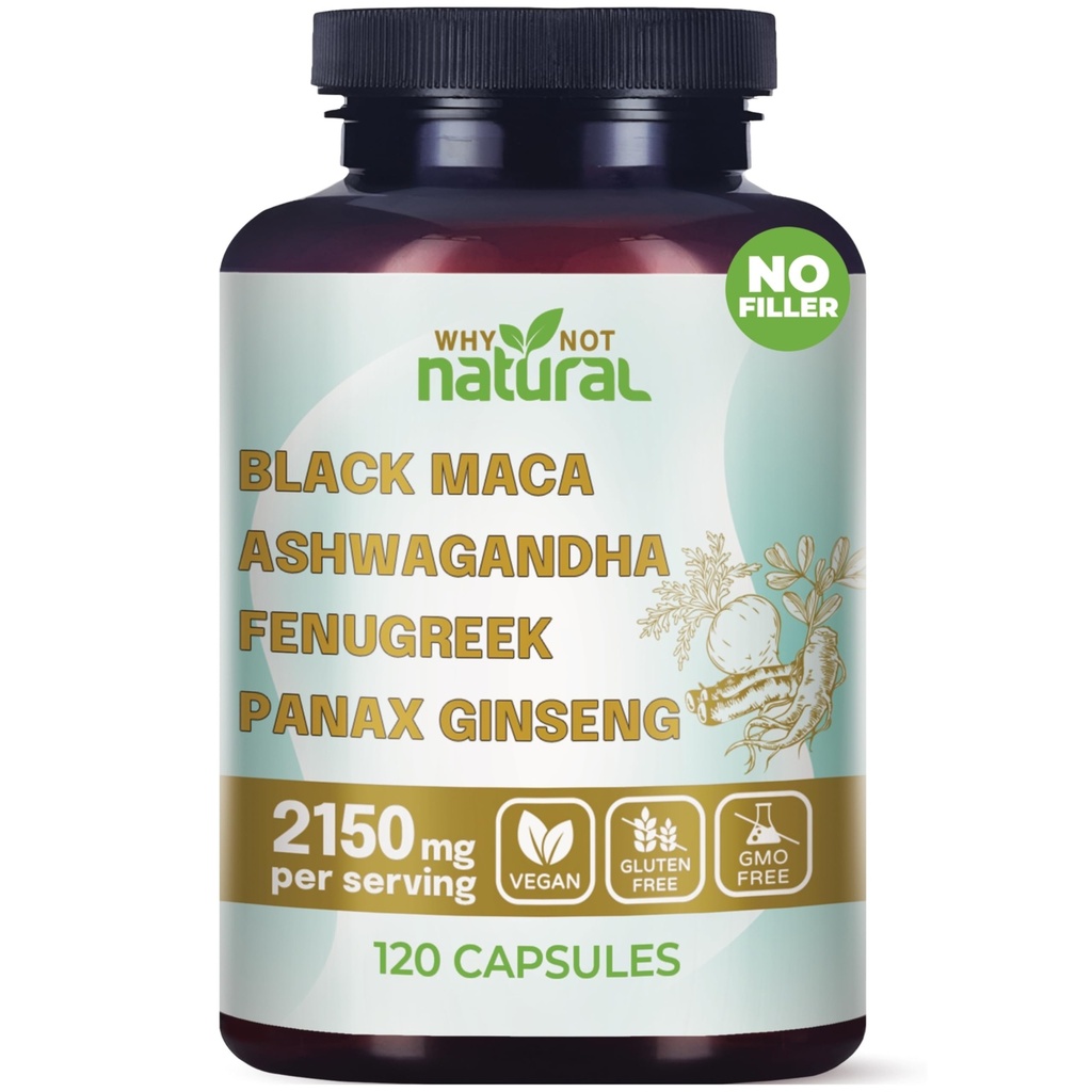 Waarom niet Natuurlijke 4-in-1 Biologische Zwarte Maca Root, Ashwagandha, Fenegriek, Panax Ginseng Capsules, Supplement voor mannen en vrouwen