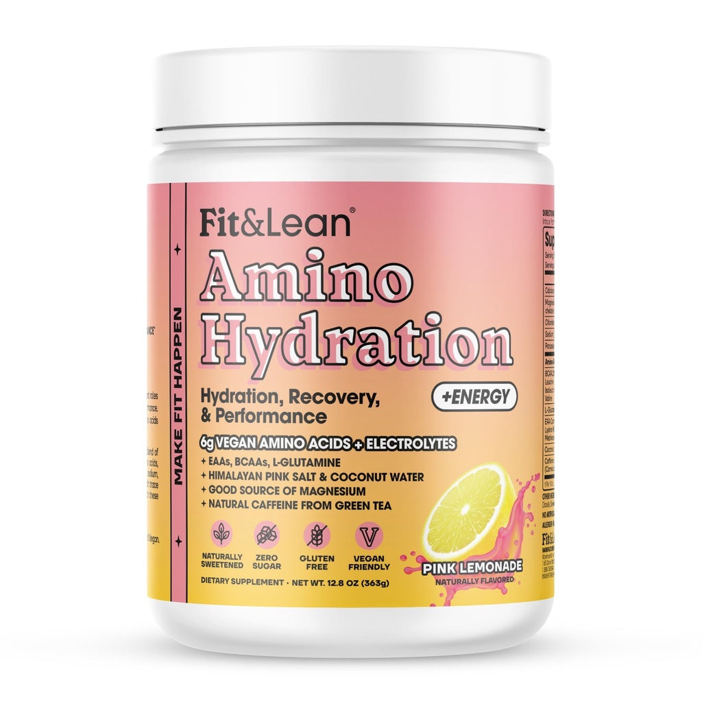 Fit & Lean Amino Hydration Plus Energy, Pre Workout Powder, 6g Vegan Essemtial Amino Acids, EAA, BCAA, Glutamine, Electrolytes & Natural Cafeine, Pink Limonade, 30 Serve