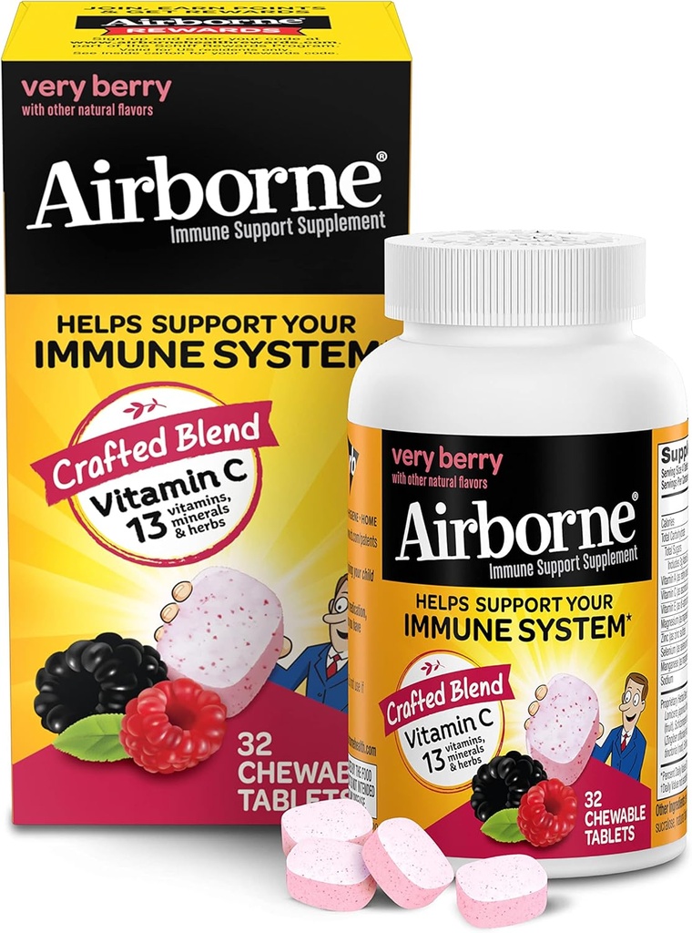 Airborne Vitamine C 1000mg (per portie) Zeer Berry Kauwtabletten (32 Aantal in een doos), Glutenvrije Immune Ondersteuning Supplement, met Vitaminen A C E, ZInc, Selenium, Echinacea & Gember, Antioxidanten
