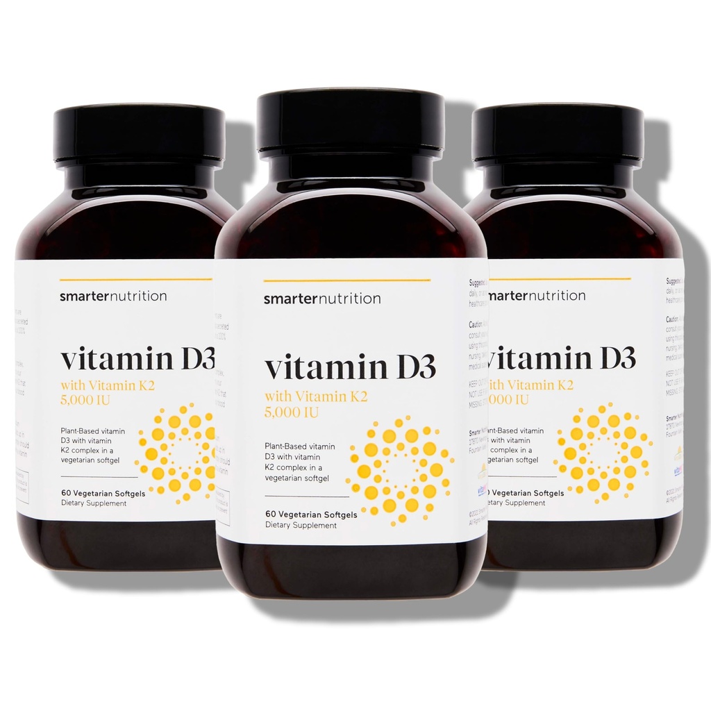 SMARTERNUTRITION Vegan Vitamin D3 5000 IE + Natural Vitamin K2 1100 mcg in biologische kokos- en olijfolie - D3 K2 Supplement for Immune & Bone Support - 180 Softgels[90 Day Supply]