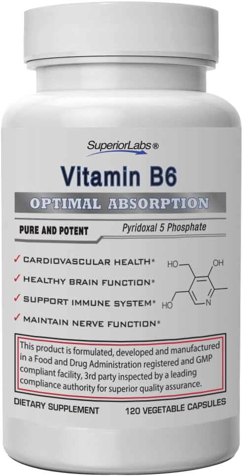 Superior Labs Vitamine B6 50mg, Pure Non-GMO Supplement, Hoge Absorptie, Ondersteunt Immune & Zenuwstelsel, Hersenfunctie, Metabolisme & Hart Gezondheid, essentieel voor hemoglobineproductie, 120 Veg Caps