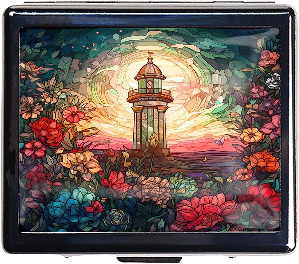 7 Days Chromed Shiny Silver Pill Organizer met Spiegel Binnen Heeft 8 Aparte Compartments Rechthoek 7 Days Pill Box Pill Case (Lighthouse Stained Glass)