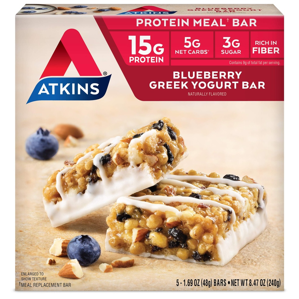 Atkins Blueberry Greek Yogurt Protein Meal Bar, High Fiber, 15g Protein, 3g Sugar, 5g Net Carbs, Meal Replacement, Keto Friendly, 5 Tellen