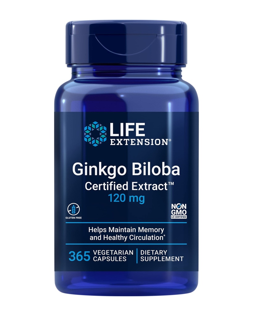 Life Extension Ginkgo Biloba Certified ExtractTM, 120 mg, helpt bij het behouden van geheugen en cognitie, Glutenvrije, niet-GMO, vegetarisch, 365 capsules