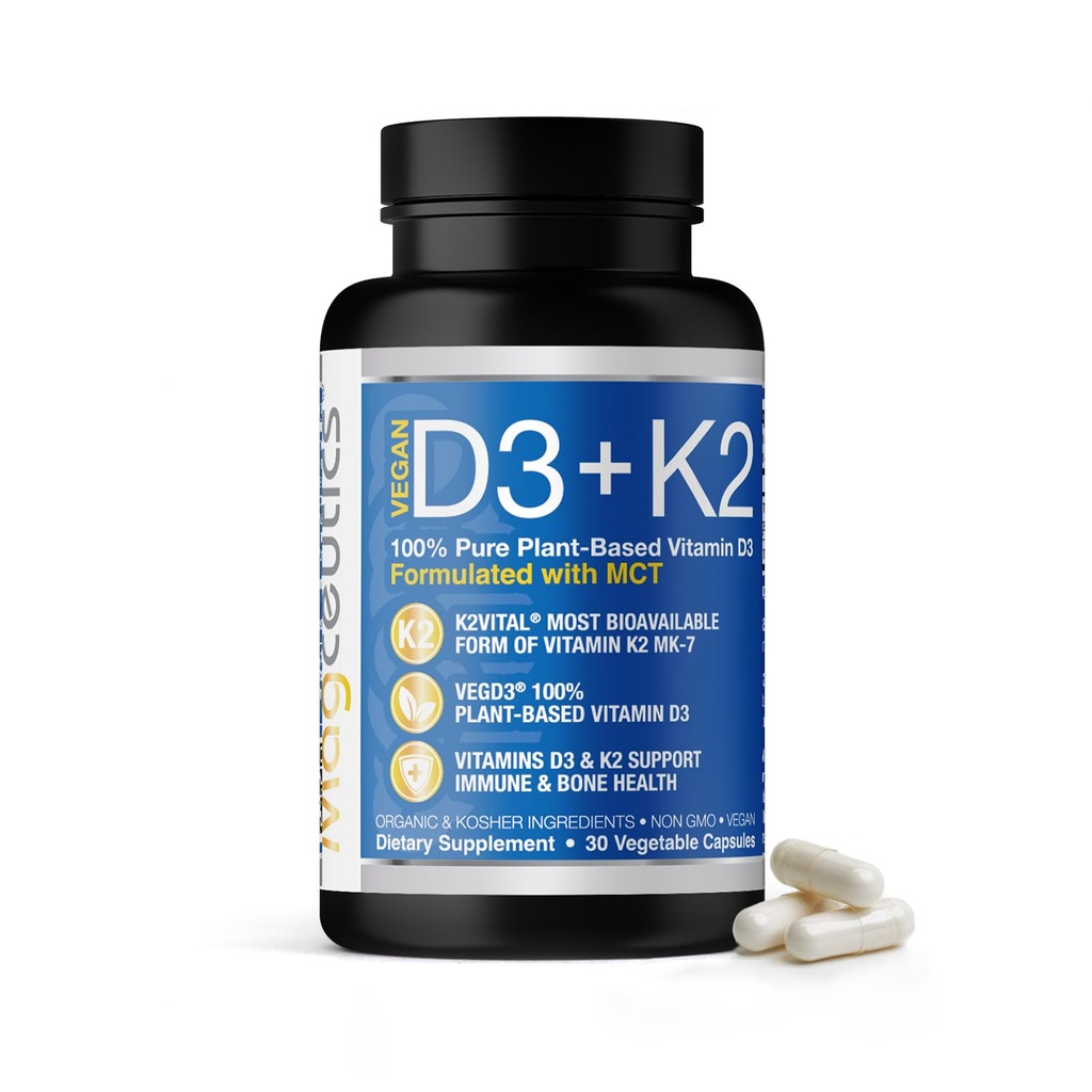 Vitamine D3 K2 met MCT, 5000 IE Vegan D3 & 100 mcg MK7 K2, ondersteuning sterke botten en immuungezondheid - 30 capsules (30 dagen levering)
