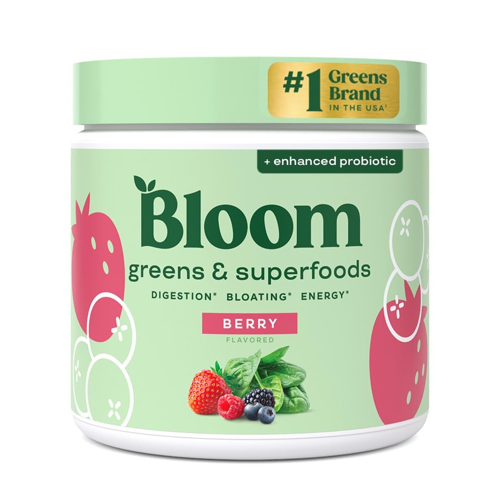 Bloom Nutrition Superfood Greens Powder, Digestieve enzymen met Probiotica en Prebiotica, Gut Health, Bloating Relief for Women, Chlorella, Green Juice Mix met Beet Root Powder, 30 SVG, Berry