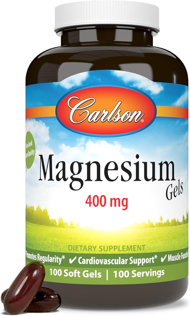 Carlson - Magnesium Gels, 400 mg Magnesium per Softgel, Heart & Muscle Support, Magnesium Gel Caps, Bowel Function, Magnesium Supplement, 100 Softgels