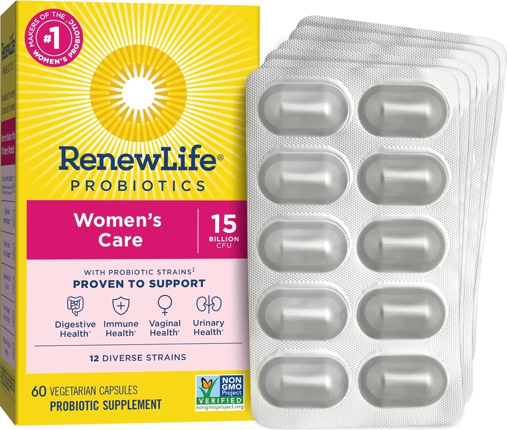 Renew Life Women's Probiotic Capsules, Ondersteunt Vaginale, Urinaire, Digestieve en Immune Health, L. Rhamnosus GG, Dairy, Soja en glutenvrij, 15 miljard CFU, 60 Tel.