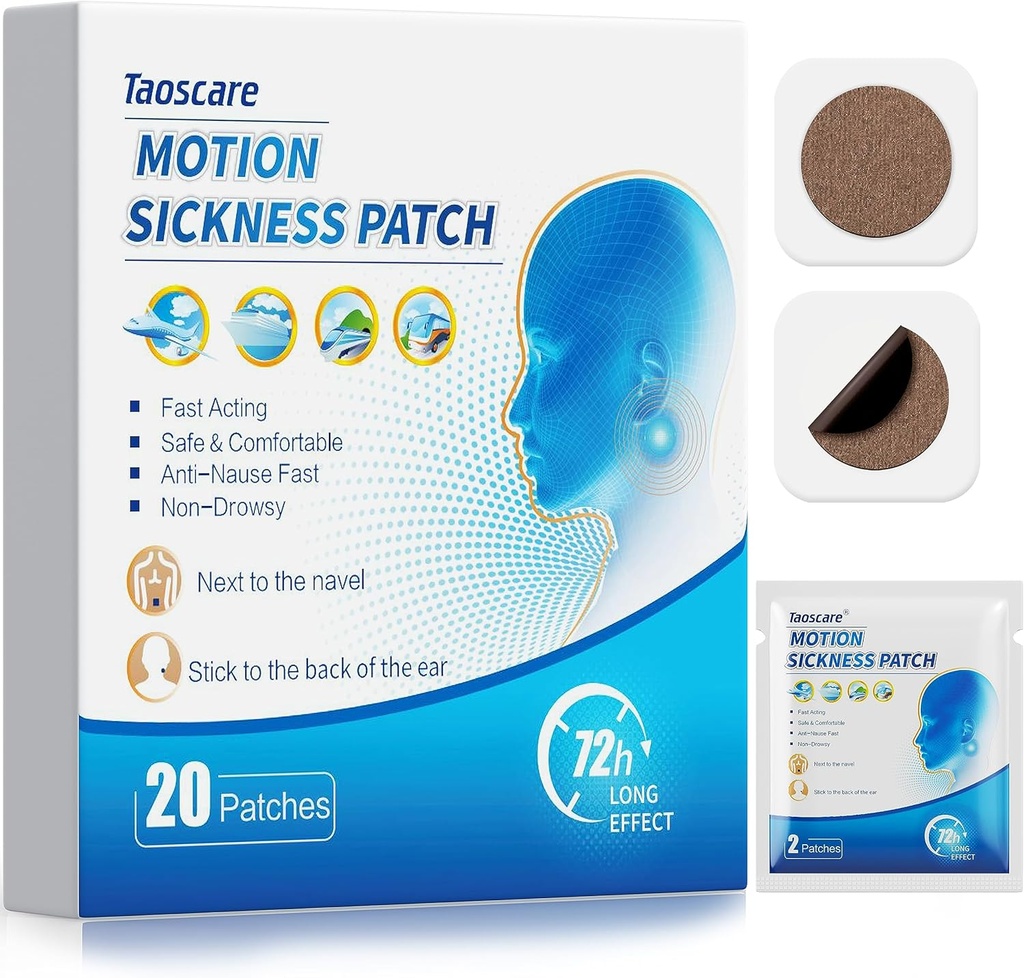 Bewegingsziekte Patches, Zeeziekte Patch voor kinderen en volwassenen met Travel-Friendly Packets, Travel Essentials for Cruise/Car/Airplane/Amusement Park Trip (20 Patches)