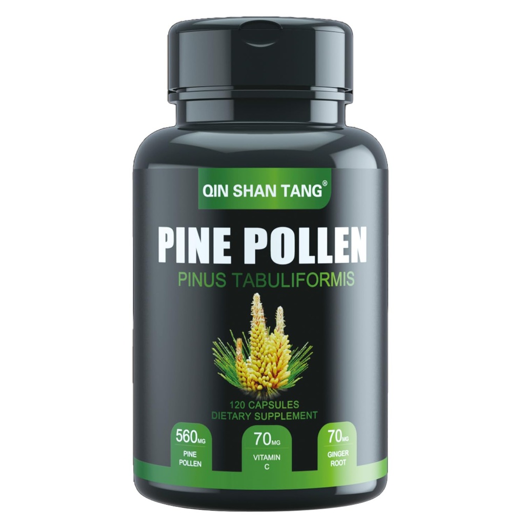Pine Pollen Supplement wtih Ginger Root and Vitamin C, 99% Cracked Cell Wall,120 Veggie Capsules，Focus＆Immune Improve for Women and Men
