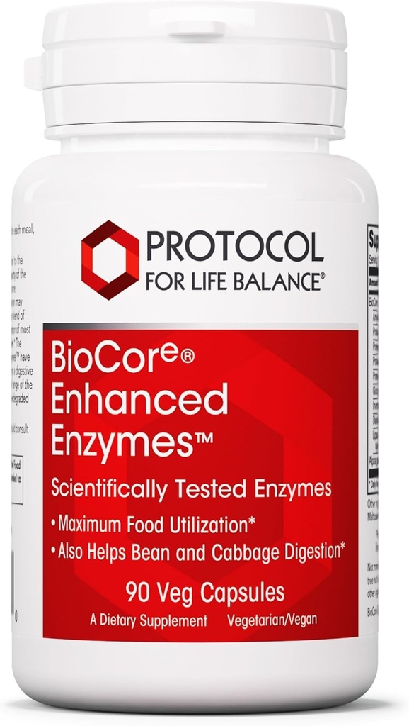 Protocol BioCore Enhanced Enzymes - Helps Digest Beans & Cruciferous Vegetables* - Digestion Supplement* - Amylase & Lipase - Kosher & Vegan - 90 Veg Capsules