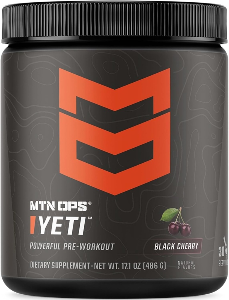 MTN OPS Yeti Pre-Workout Powder Energy Drink met Creatine, 200mg Cafeïne & BCAA's met Beta Alanine, 30-Serving Tub, Black Cherry