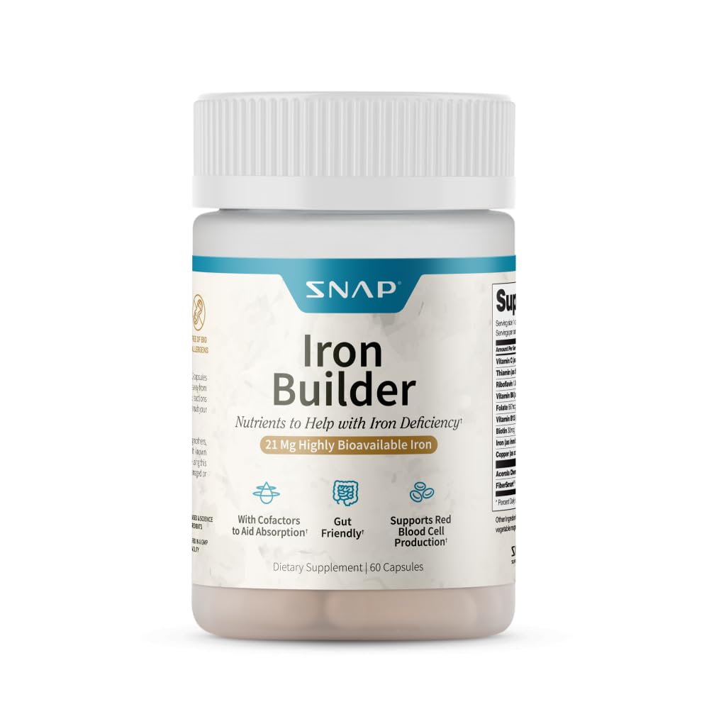 Snap Supplementen Natural Iron Builder Supplements, 21mg Iron Pillen om energie te verhogen, Metabolisme en spijsvertering, Absorbeert snel Vitaminen Biologische Nutriënten (60 Capsules)