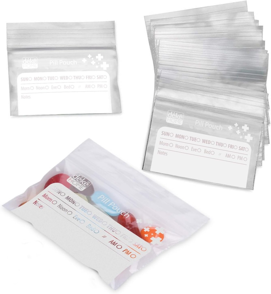 Deke Home - 100 Pack Clear Hersluitbare pillenzakken (4x2,75 in), Reisgeneeskunde zakjes met Write-On Label, BPA-gratis wegwerp pil Organizer voor medicijnen, vitamines en supplementen