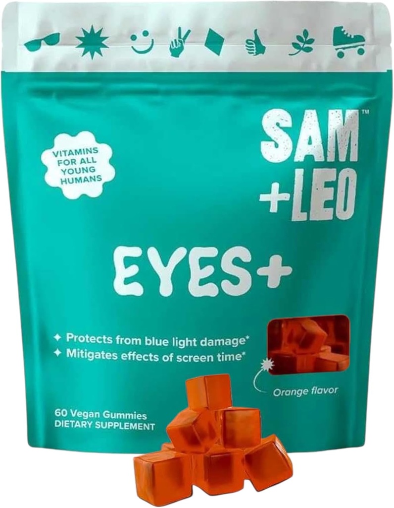 SAM+LEO EYES+ Kids Gummy Vitaminen - Alle natuurlijke, Vegan Vitamins voor kinderen & tieners - Vitamine A, Zink, Luteïne en Zeaxathin Gummies - Orange Flavor - 60/ct