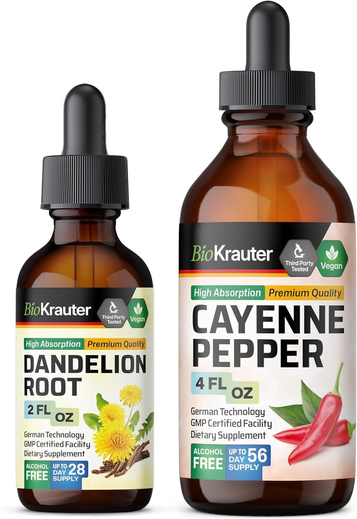 BIO KRAUTER Cayenne Pepper Tinctuur 4 Fl. Oz. & Dandelion Tinctuur 2 Fl. Oz.