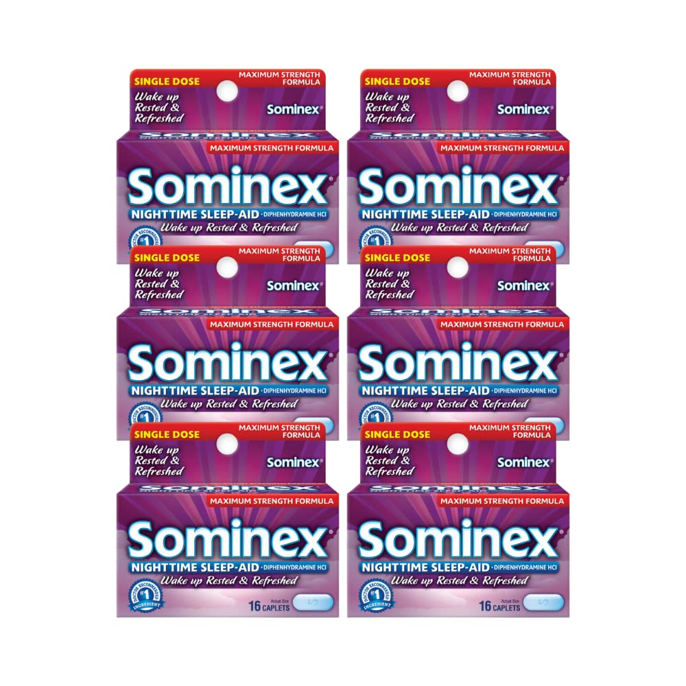 Sominex Nighttime Sleep-Aid Caplets, maximale sterkte, 16 ea (verpakking van 6)