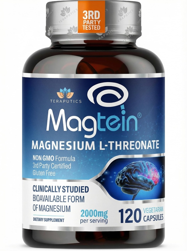 Magnesium L Threonate, MagteinTM, Hersensupplement voor Geheugen, Focus, Slaap en Cognitieve Ondersteuning, Hoge Absorptie Magnesium L-Threonate, Non-GMO, Geen Laxative Effect 2000 mg, 100 Vegan Capsules