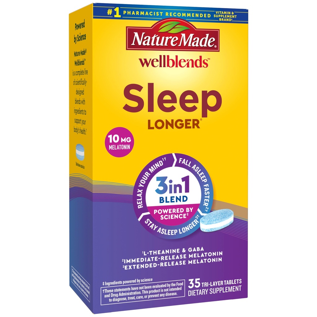 Nature Made Wellblends Sleep Langer, Melatonine 10mg, L theanine 100 mg, en GABA 100mg, Sleep Supplement, 35 Tri-Layer Tablets