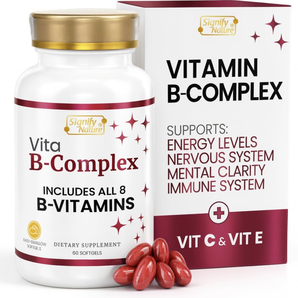 SIGNIFY NATUUR VitaBComplex met vitamine C en E, B Complex Vitaminen voor vrouwen en mannen, BComplex Supplementen, VIT B1, B2, B3, B5, B6, B8, B9, B12, Super B Softgels - 60 CT