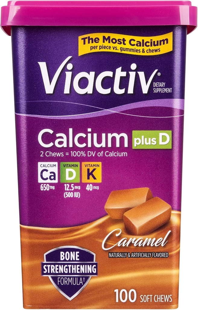 Viactiv Calcium Plus Vitamine D Supplement Zachte Kauwen, Caramel, 100 Tellen