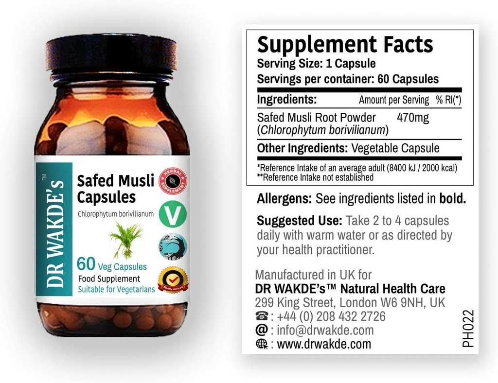DR WAKDE'S Safed Musli Capsules (Chloorfytum borcianum, 60 Veg Caps, Plant Based Supplement, Ayurvedic Herb, All Natural, Vegan)