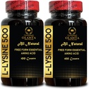 L-LYSINE 500 - Natural Supplement Promoting Stress Support & Zenuwstelsel Gezondheid, L-Lysine HCl, Dagelijkse lysine inname, Energieproductie, Aminozuur Vitamine Supplement - 2 Flessen 200 Tellen