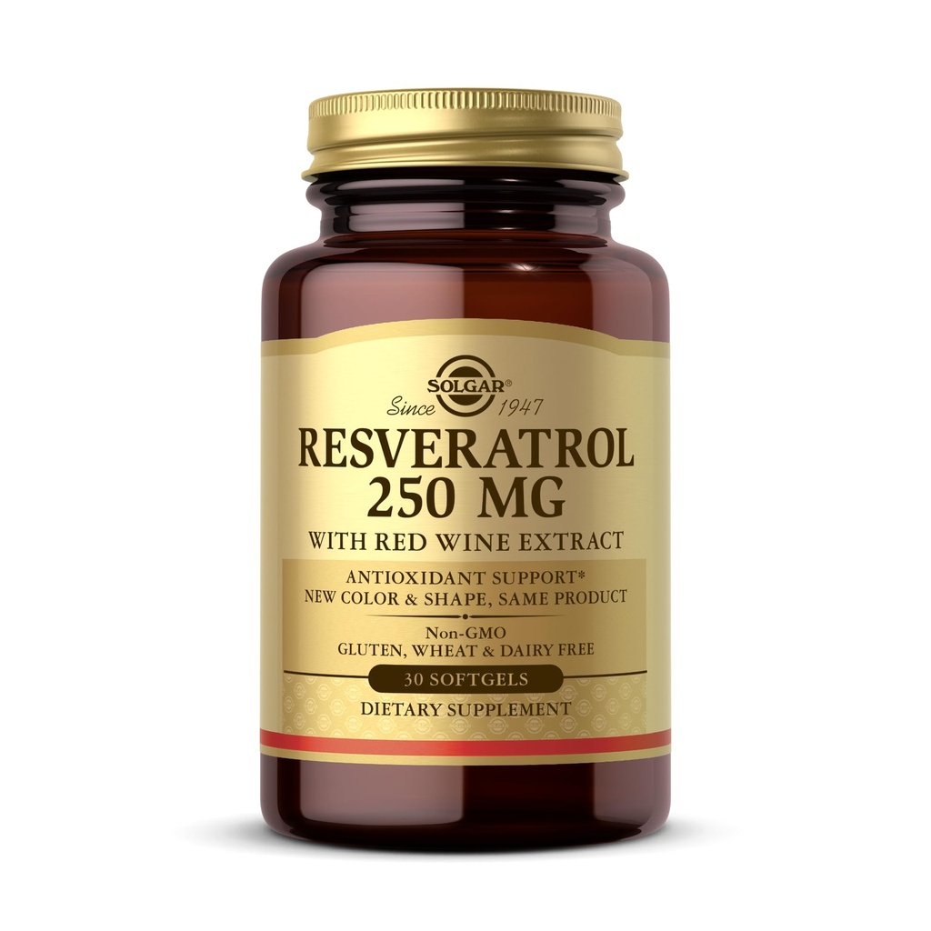 Solgar Resveratrol 250 mg met Red Wine Extract - 30 Softgels - Antioxidant Support - Non-GMO, Glutenvrij, Zuivelvrij - 30 porties