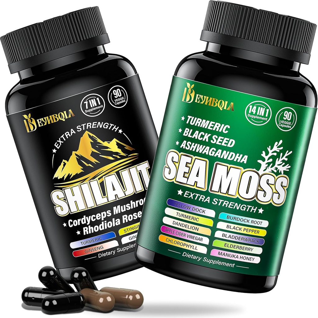 Sea Moss and Shilajit Bundle - 90 Count - Sea Moss, Black Seed Oil, Ashwagandha, Turmeric & Shilajit, Rhodiola Rosea,Burdock, Bladderwrack 21 in 1 Supplementen (2 Packs) Bruin