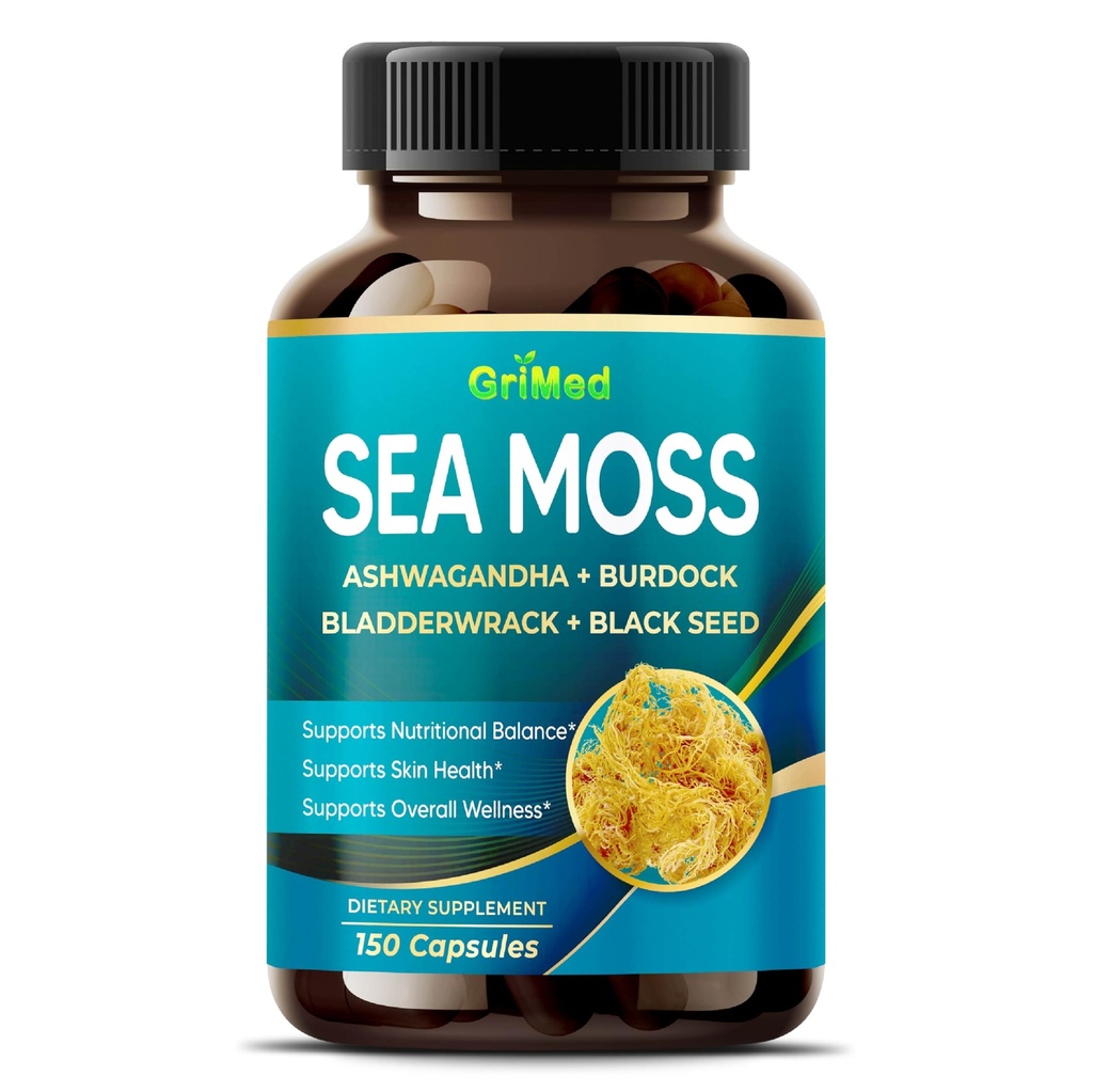 Premium Sea Moss with Ashwagandha, Burdock Bladderwrack, Black Seed for Immune System, Skin, Digestion & Energy (150 Count (Pack of 1))
