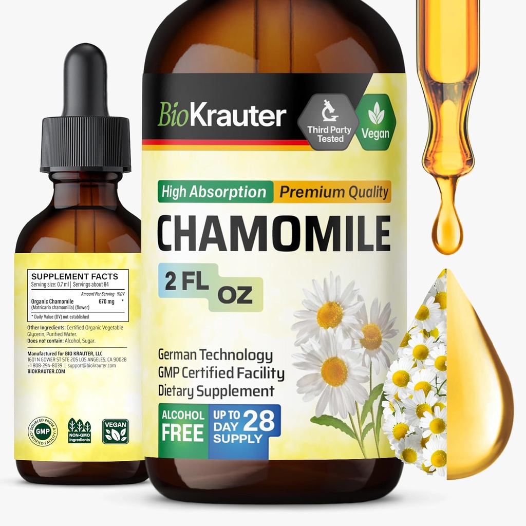 BIO KRAUTER Kamille Bloemen Tinctuur - Kamille Extract - Bevat Apigenin - Supplement voor ontspanning en rust Ondersteuning - Alcohol en suikervrij - Vegan Drops 2 Fl.Oz.