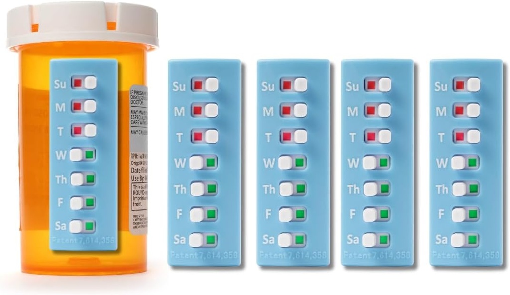 Take-n-Slide Peel and Stick Herbruikbaar voor 12 + Refills, Pillen/Medicatie/Vitamine/Pet Med Tracker & Herinnering, Bevestig aan uw fles, Organisator-Free, Curved-Back (Blauw, 5-Pack)