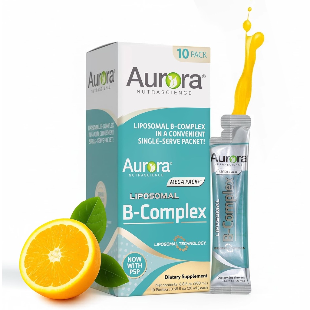 Aurora Nutrascience Mega-Liposomale B-complex + vitamine C, ondersteunt energie, immuun- en zenuwstelsel Gezondheid, glutenvrij, niet-GMO, suikervrij, sinaasappelsmaak, 10 enkele porties