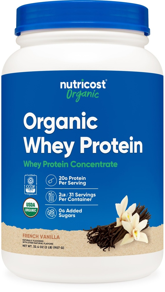 Nutricost Biologische Wei Proteïne Concentraat, Franse Vanille Smaak, (2LBS) - Glutenvrij, Non-GMO
